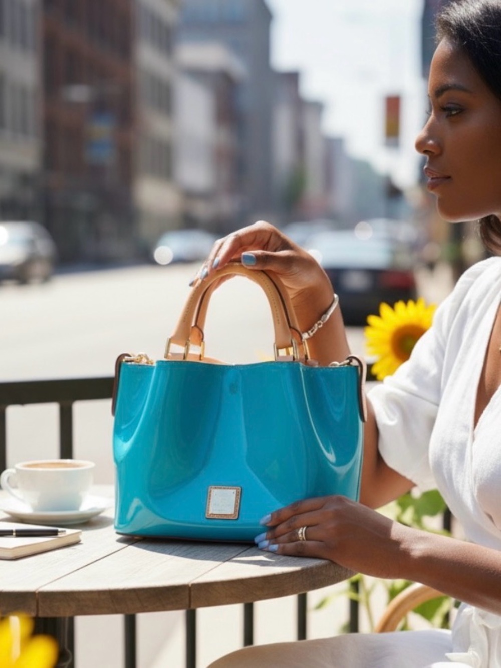 Dooney & Bourke SAMPLE Bright Turquoise Patent Satchel with Tan Handles NWT
